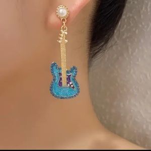 Pearl and Blue Rhinestone Guitar Earrings